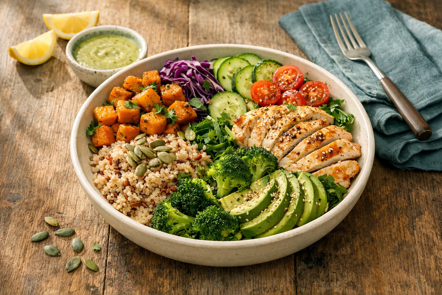 healthy colorful meal with fresh vegetables, whole grains, lean protein on wooden table, natural lighting, petrol and cream tones, appealing food photography style